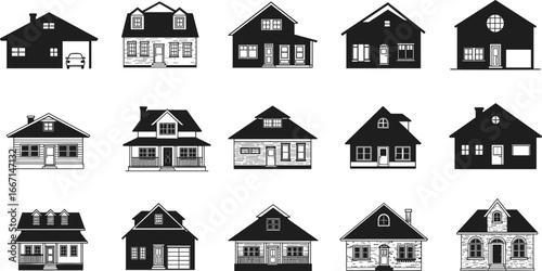 Vector illustration of various black and white suburban houses with porches, garages, chimneys, windows, and detailed architectural facades in line art style
