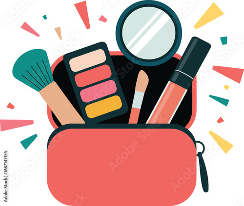 Coral makeup bag with cosmetic products and scattered shapes vector