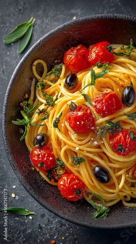 Delicious Spaghetti With Tomato Sauce and Olives Served on a Black Plate With...