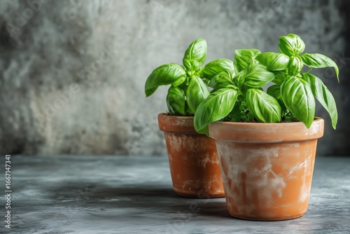 Fresh Basil Plants in Ceramic Pots on a Textured Gray Background.