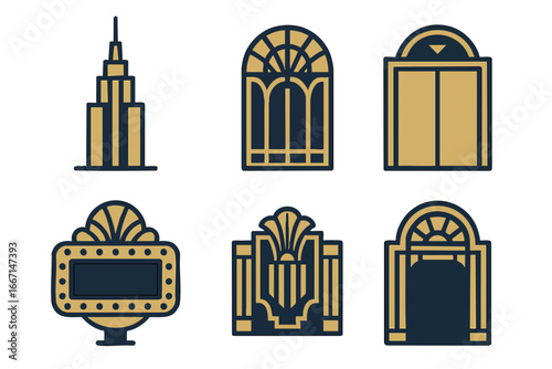 1920s Art Deco Architecture Icon Set: 6 Minimalist Flat Vector Icons for Retro Design. Includes Skyscraper, Geometric Window, and Ornate Gateway Symbols for Vintage Projects.