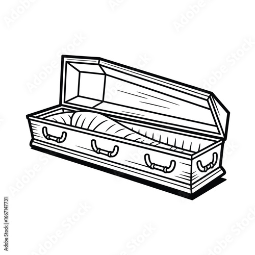 Open wooden coffin with ornate handles and lined interior