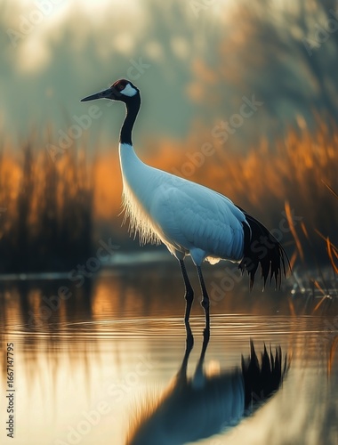 Majestic Crane Standing in Tranquil Waters at Sunrise Among Golden Grasses.