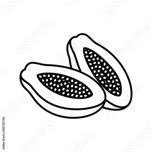 Hand drawn illustration of two halves of a papaya fruit with seeds