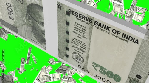 Indian rupee banknotes flying Money Rain. Money falling down animation on Green screen. Indian rupee Banknotes falling