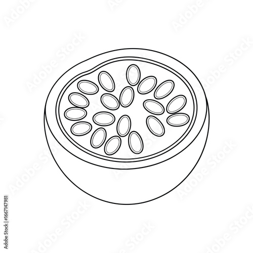 Outline drawing of a bowl filled with many oval shaped seeds