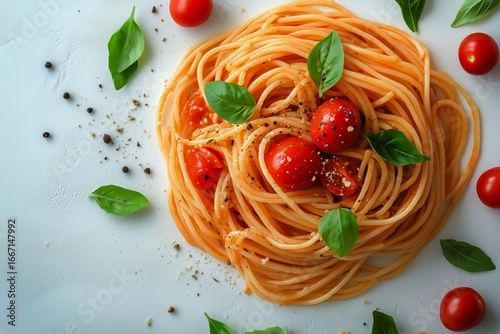 Fresh Spaghetti With Cherry Tomatoes and Basil Garnished on a Plate