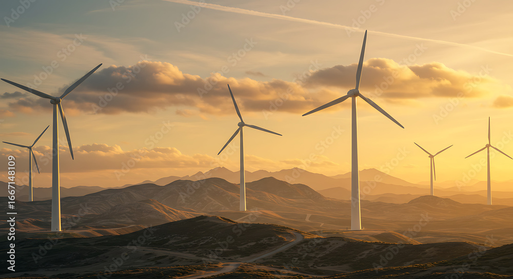 Fototapeta premium A wind farm with multiple turbines stands on a hilly landscape under a warm, glowing sunset with dramatic clouds in the sky.