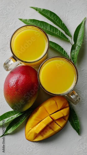 Fresh Mango Juice Served in Clear Mugs With Ripe Mango and Green Leaves on a ...