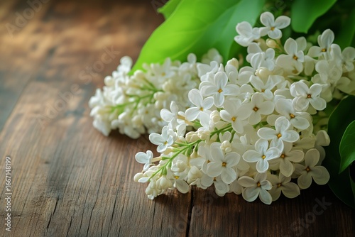 Beautiful Bunch of White Lilac Flowers Resting on a Rustic Blue Wooden Table.