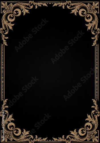 An ornate, dark gold-toned rectangular frame with intricate floral and scrollwork details on the corners and borders, set against a solid black background.