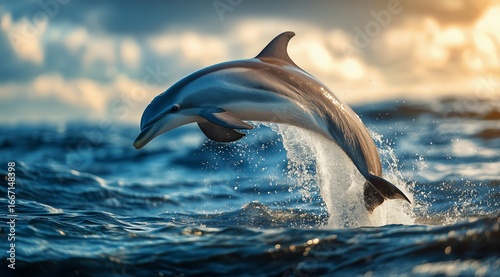 Dolphin Jumping Over Ocean Waves at Sunset During a Serene Marine Moment.