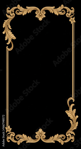 An ornate, gold-toned rectangular frame with floral and scrollwork details on the corners and borders, set against a solid black background.