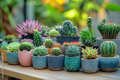 Beautiful Collection of Potted Cacti in Various Shapes on a Wooden Table Outd...