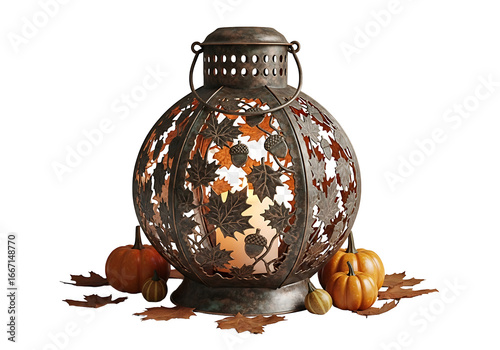 An autumnal lantern, adorned with carved maple leaves and acorns, radiates warm light against a stark black backdrop.
