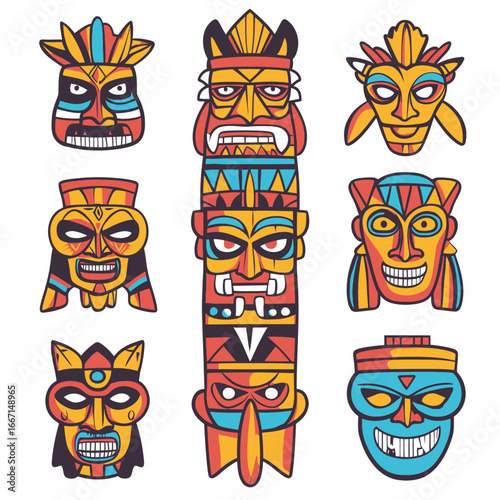 Illustration set featuring tribal mask, modern masking, ethnic culture, and aztec face masque, symbolizing traditional masked culture on a white background