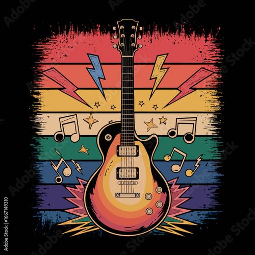 2d vector illustration art  Retro music guitar with symbol and rock music with colorful  background, Summer t shirt 
