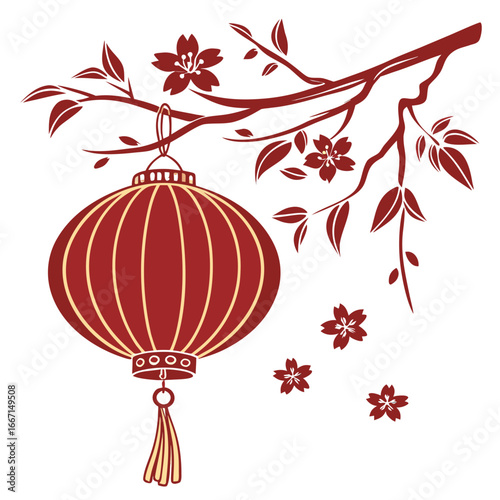 Chinese red lantern, gold accents, minimal design, editable vector, white background