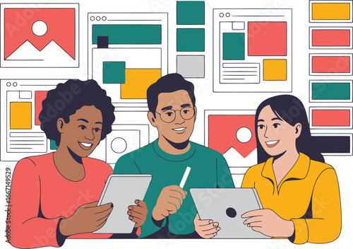 Diverse people collaborating on digital content collaboration technology