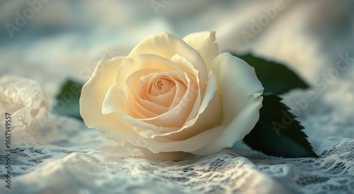 Elegant White Rose on Delicate Lace Fabric in Soft Natural Light