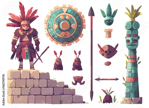 Illustration set of traditional ethnic pyramid and ritual decoration symbols of aztec and maya characters in ancient mexican culture and mayan civilization in Mexico isolated on white background