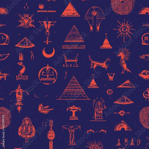 This hand-drawn Aztec pattern boasts seamless hieroglyphic symbols, making it perfect for use as a tribal background in wallpaper, fashion wrapping, and textile prints