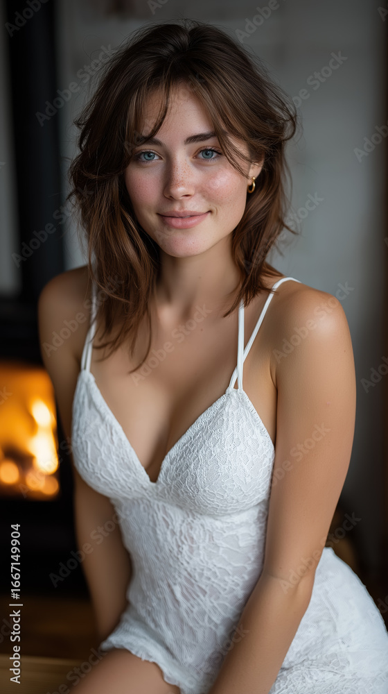 Fototapeta premium Portrait of woman in white dress, glowing in natural light