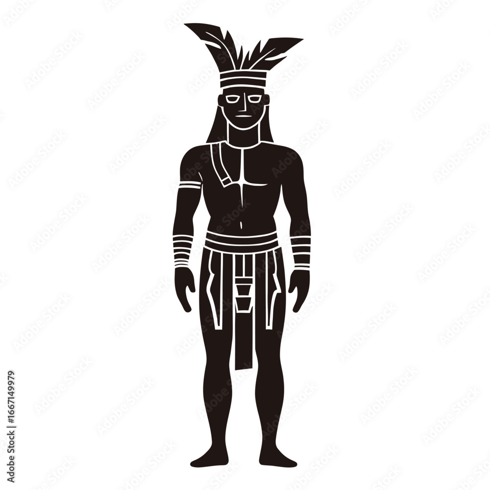 Fototapeta premium Contour of an ancient tribal warrior filled in black with an amazing mask covering his face becomes ‘Ancient tribal warrior contour filled with black and adorned with an amazing facial mask
