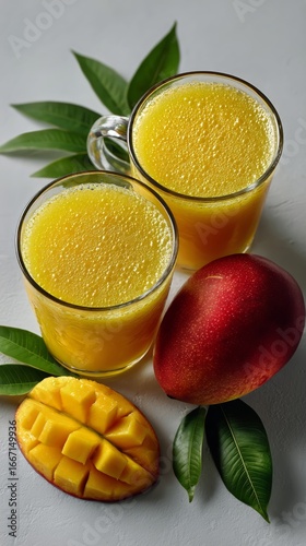 Fresh Mango Juice Served in Clear Mugs With Ripe Mango and Green Leaves on a ...