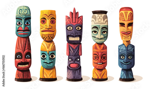 Tiki idols are presented in a set of cartoon icons suitable for web design