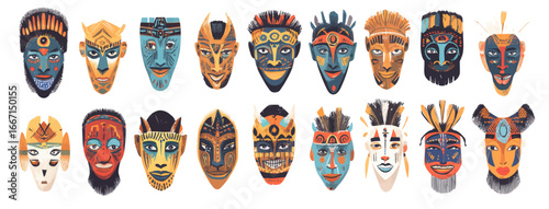 Traditional African, Hawaiian, or Aztec masks, designed to resemble a human face or an animal's muzzle, are showcased in a colorful modern flat cartoon illustration on a white background