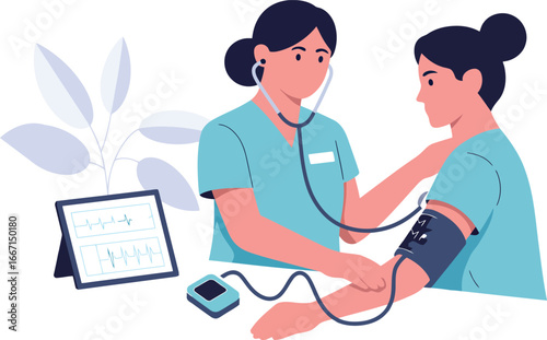 Doctor checking patient blood pressure with stethoscope and monitor vector