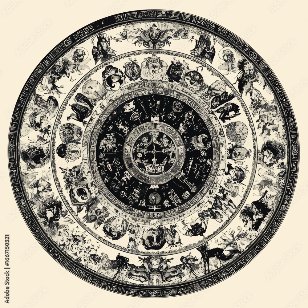 Obraz premium Mexican Mesoamerican monoliths, such as the Aztec sun stone, inspire tattoo and t-shirt designs that incorporate elements of the Mayan calendar and ancient hieroglyph signs and symbols
