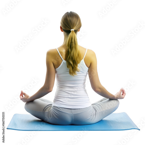 3d woman meditating in lotus pose on yoga mat