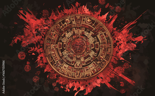 The Aztec sun stone and Mayan calendar serve as inspiration for a unique t-shirt design and template, incorporating ancient hieroglyph signs and symbols, suitable for creative print on dark clothes,