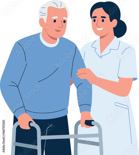 Elderly man with walker assisted by nurse assistance