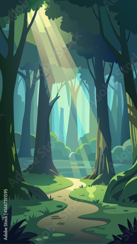 Sunlight streams through the forest trees