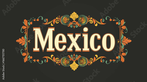 The modern Mexican alphabet consists of uppercase characters, digits, and punctuation marks, decorated with marigold flowers and traditional Latin American folk patterns