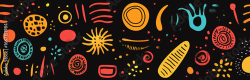 African-inspired pattern with geckos and ornaments, hand drawn in a creative style, set against an abstract background, suitable for textiles, wrapping, and wallpaper with a modern twist