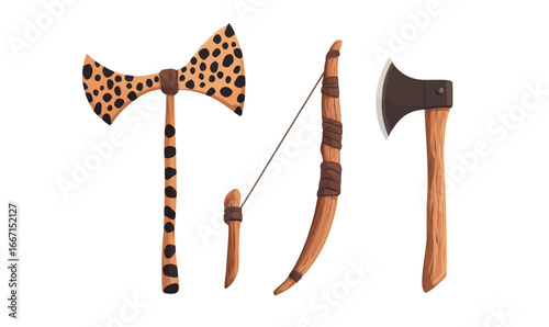 The Maya Civilization Symbols Set includes an Ancient Weapon, Axe, Bow, Arrows, and Quiver depicted in a Modern Cartoon Illustration