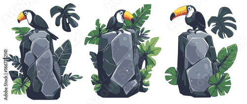 The collection includes tropical stone sign boards, modern Maya game UI rock panels, Aztec jungle totem faces, tiki masks, and toucans, in addition to gray cracked square block kits and old granite
