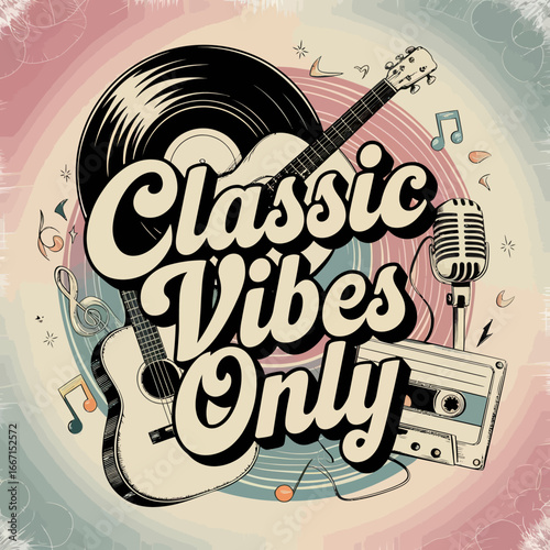 2d vector illustration art  Retro music guitar with symbol and rock music with colorful  background, Summer t shirt 
