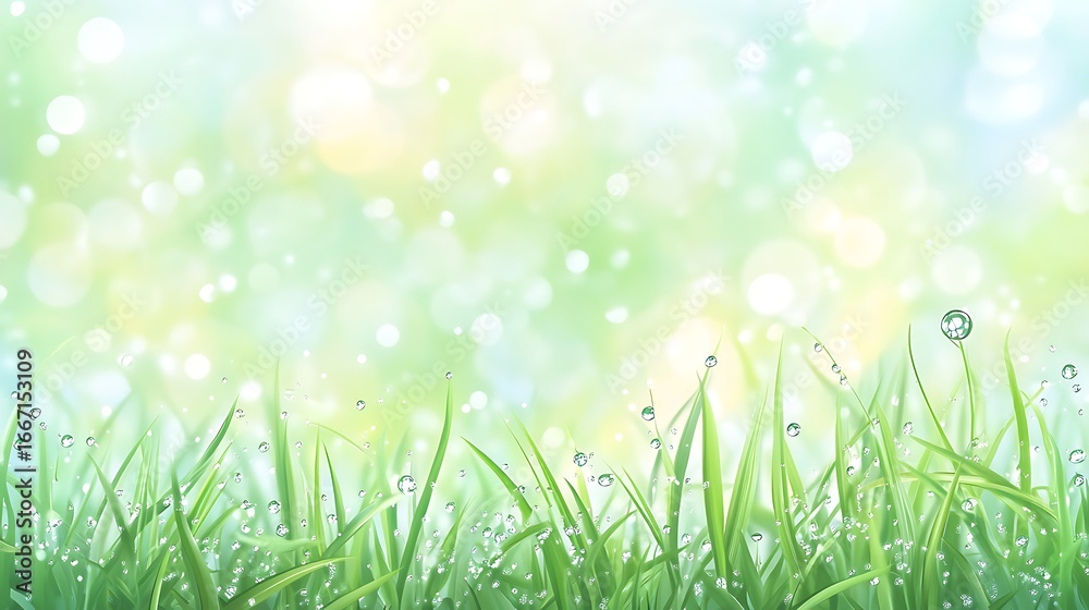 Fototapeta premium Lush green grass with dew drops, a blurred background with soft pastel colors and a morning light effect 