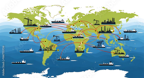 Global oil and gas industry network illustrating the transportation of energy resources via ships and tankers across the world map, connecting production sites with industrial facilities