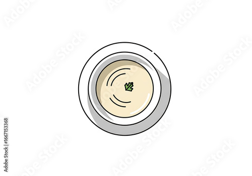 A simple illustration of a bowl of creamy soup, garnished with herbs, set against a black background.