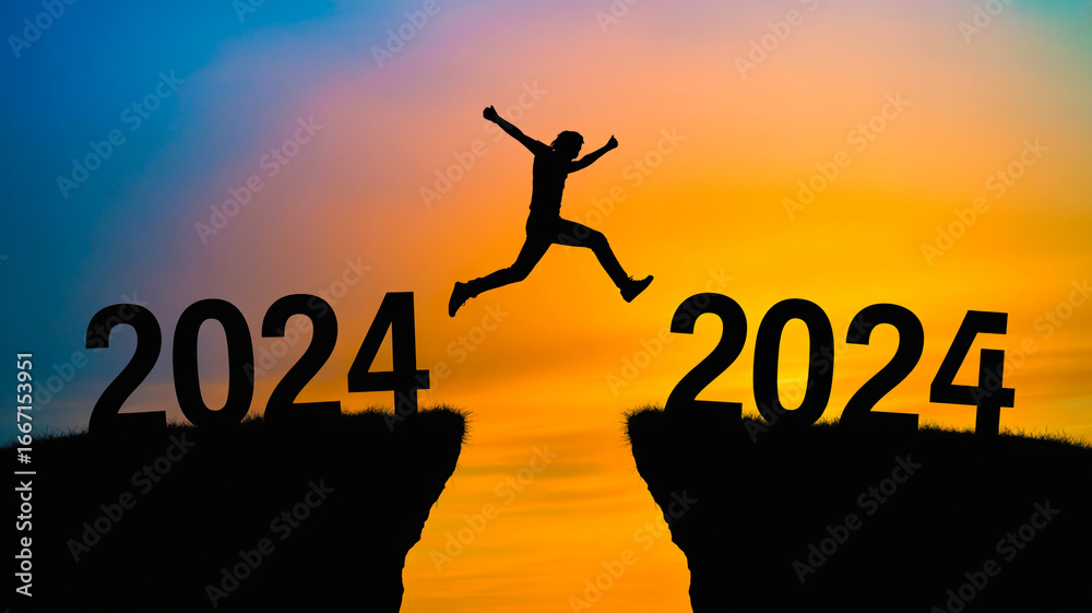 Bridging the Years Silhouette of a Person Leaping from 2024 to 2024 Against a Colorful Sky Bridging the Years Silhouette of a Person Leaping from 2024 to 2024 Against a Colorful Sky