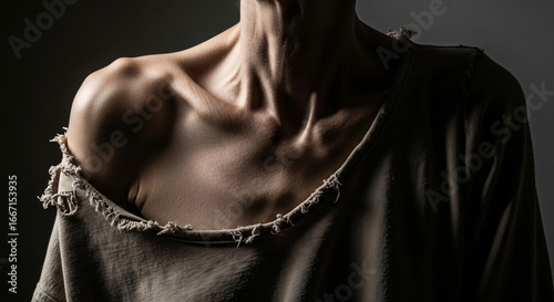 Undernourished adult's gaunt ribs and thin shoulders, starkly revealed by dramatic side lighting in sharp detail. (Malnutrition)