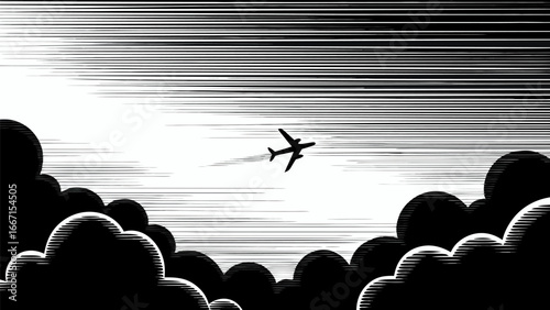 Airplane silhouette flying through a stylized sky with clouds and horizontal lines in monochrome style