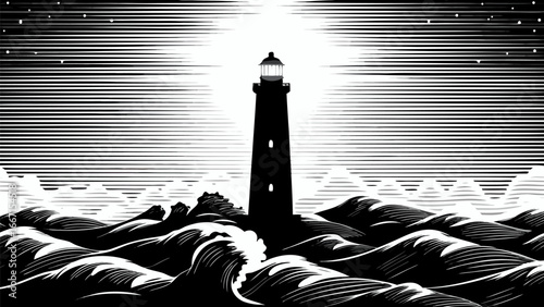 Monochromatic lighthouse illustration with waves and a striped sky in a vintage style design with stars silhouette