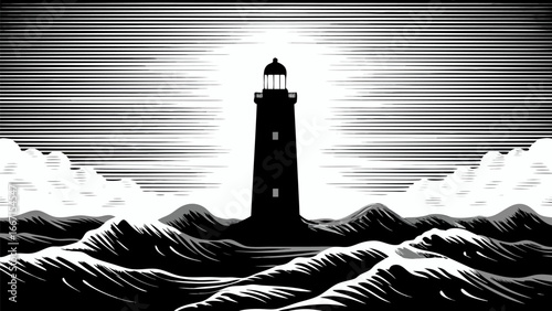 Monochromatic lighthouse scene with stylized waves and sky in graphic black and white illustration style silhouette